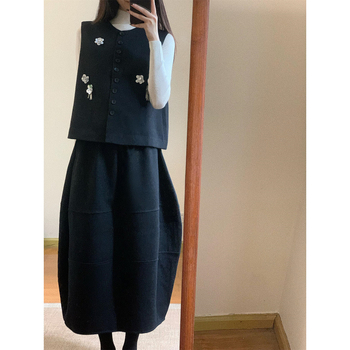 Trostruki set: pleteni top, 3D cvijeće vest i midi suknja; Hepburn stil, korejsko-francuska inspiracija; poliester ≥95%