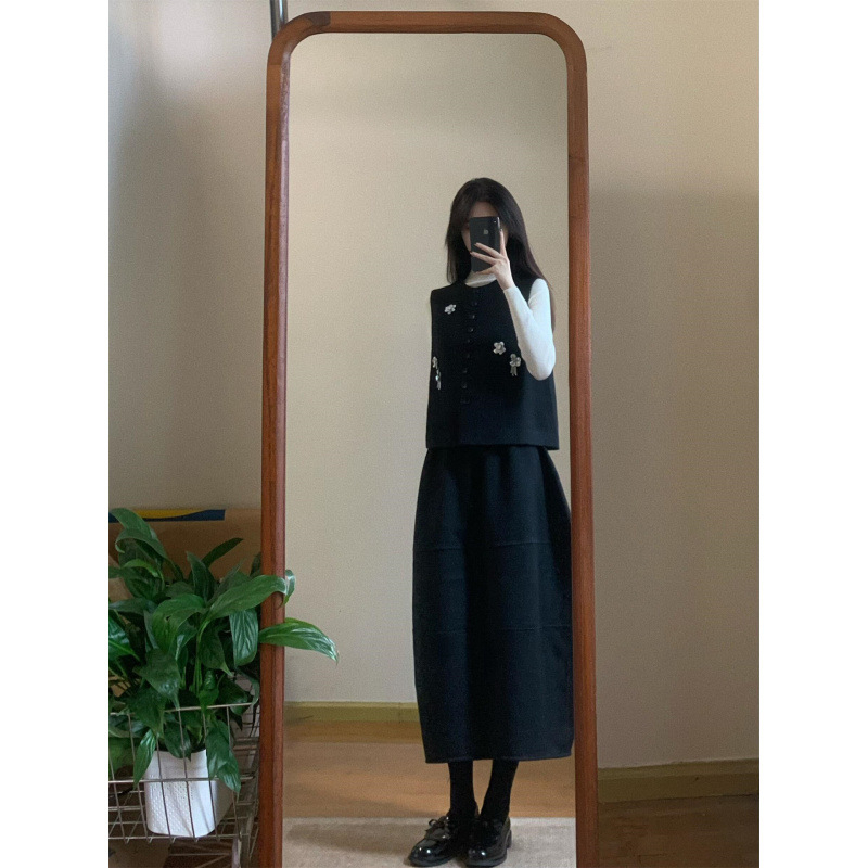 Trostruki set: pleteni top, 3D cvijeće vest i midi suknja; Hepburn stil, korejsko-francuska inspiracija; poliester ≥95%
