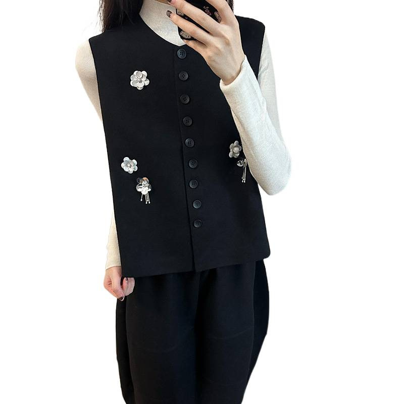 Trostruki set: pleteni top, 3D cvijeće vest i midi suknja; Hepburn stil, korejsko-francuska inspiracija; poliester ≥95%