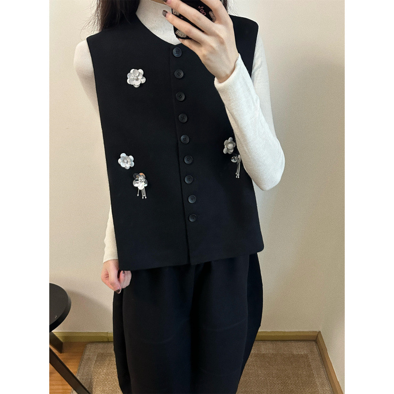 Trostruki set: pleteni top, 3D cvijeće vest i midi suknja; Hepburn stil, korejsko-francuska inspiracija; poliester ≥95%