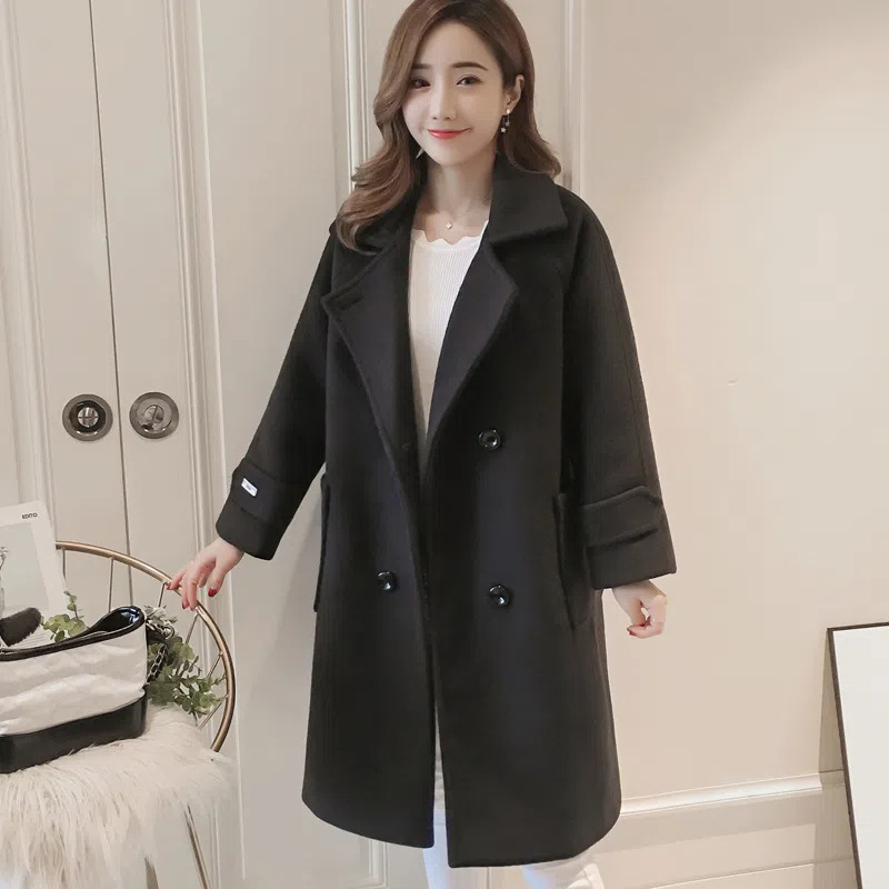 Ženski kaput od vunene smjese s poliesterom, Hepburn stil, korejski dizajn, ovratnik sakoi, dugi rukavi, dvostruki red gumba, duljina 65-80 cm, jesen 2024