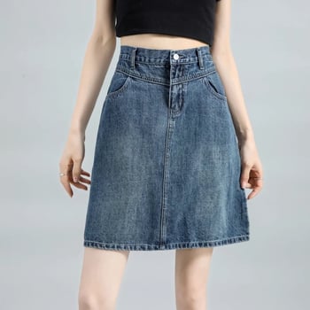 Τζιν φούστα - ψηλή μέση, γραμμή Α, μέσο μήκος, βαμβάκι 50–70%, καλοκαίρι 2025