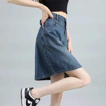 Τζιν φούστα - ψηλή μέση, γραμμή Α, μέσο μήκος, βαμβάκι 50–70%, καλοκαίρι 2025