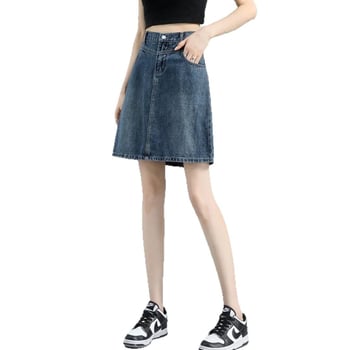 Τζιν φούστα - ψηλή μέση, γραμμή Α, μέσο μήκος, βαμβάκι 50–70%, καλοκαίρι 2025