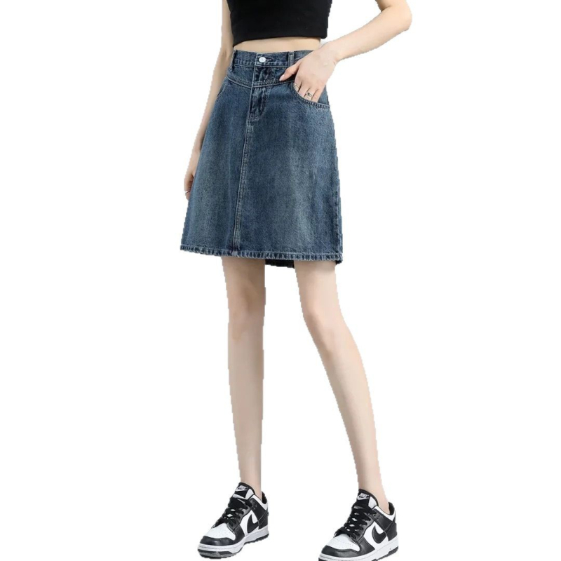 Τζιν φούστα - ψηλή μέση, γραμμή Α, μέσο μήκος, βαμβάκι 50–70%, καλοκαίρι 2025