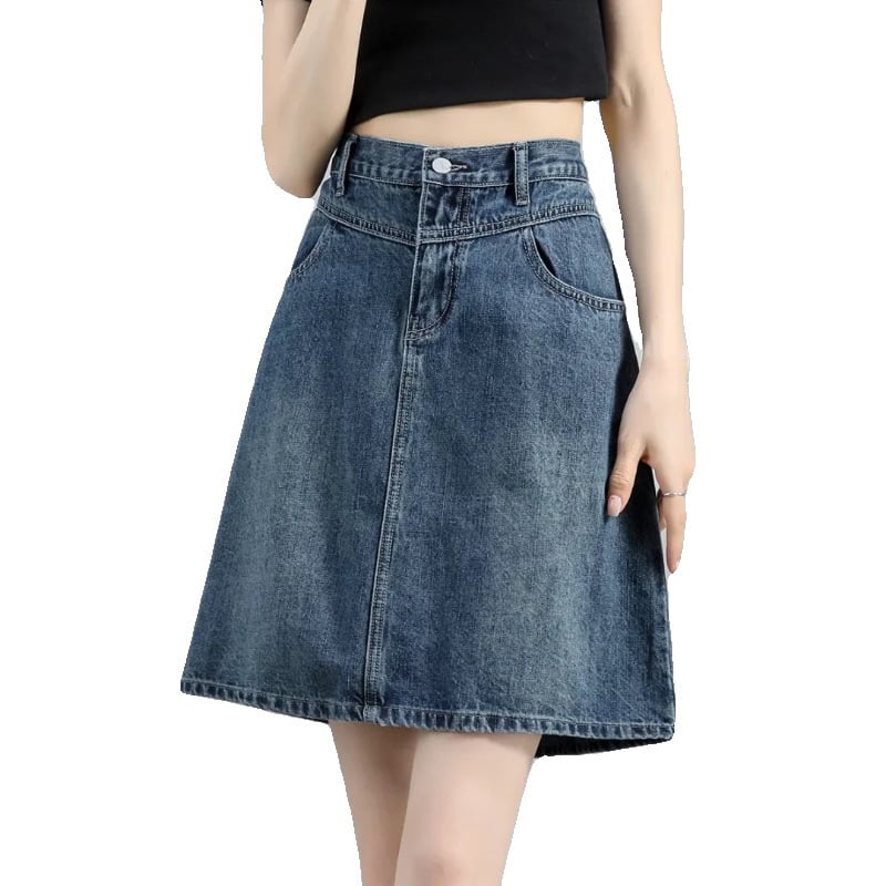 Τζιν φούστα - ψηλή μέση, γραμμή Α, μέσο μήκος, βαμβάκι 50–70%, καλοκαίρι 2025