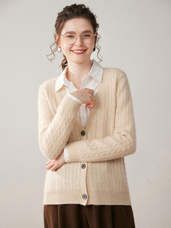 Ženski kašmirski kardigan, gust pleteni, V-izrez, prugasti uzorak, zatvaranje s tri gumba