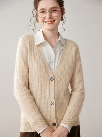 Ženski kašmirski kardigan, gust pleteni, V-izrez, prugasti uzorak, zatvaranje s tri gumba