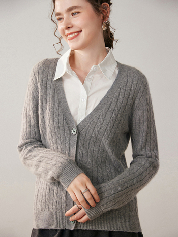 Ženski kašmirski kardigan, gust pleteni, V-izrez, prugasti uzorak, zatvaranje s tri gumba