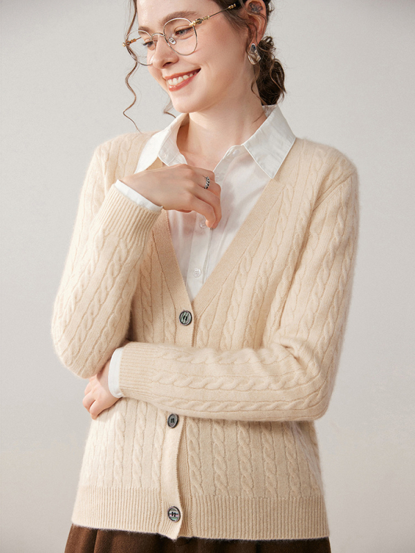 Ženski kašmirski kardigan, gust pleteni, V-izrez, prugasti uzorak, zatvaranje s tri gumba