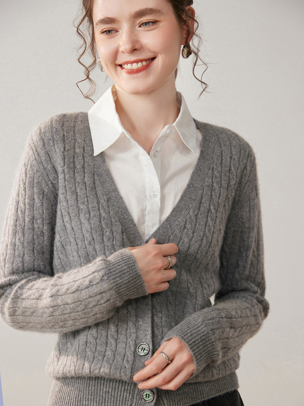 Ženski kašmirski kardigan, gust pleteni, V-izrez, prugasti uzorak, zatvaranje s tri gumba