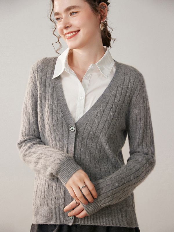 Ženski kašmirski kardigan, gust pleteni, V-izrez, prugasti uzorak, zatvaranje s tri gumba