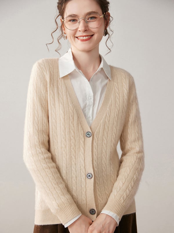 Ženski kašmirski kardigan, gust pleteni, V-izrez, prugasti uzorak, zatvaranje s tri gumba