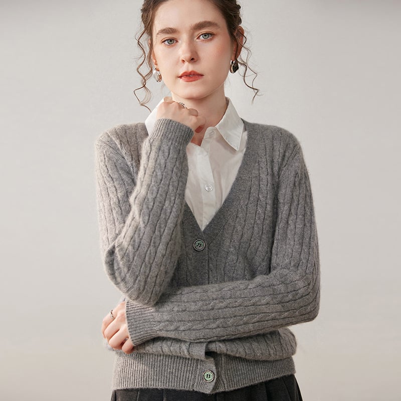 Ženski kašmirski kardigan, gust pleteni, V-izrez, prugasti uzorak, zatvaranje s tri gumba