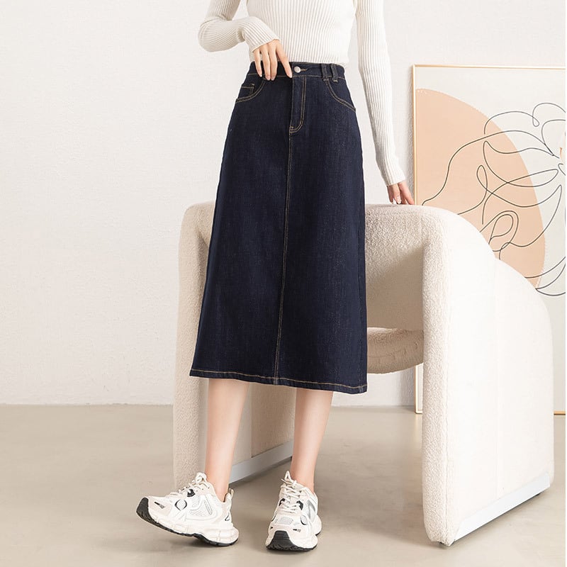 Džins suknja A-linije, midi duljine, pamuk 90–95% s poliestrom, pređa obojena, jednobojna