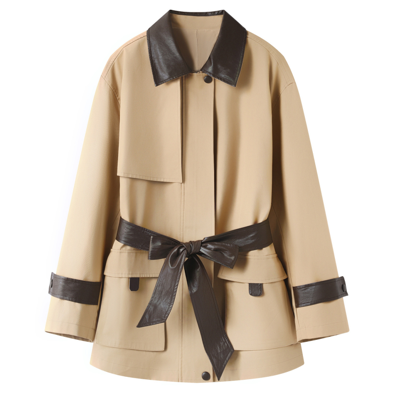 Яке с ретро сплайс дизайн, памук-полиестер смес, свободен силует, средна дължина, яка тип лапел, дълги ръкави, закопчаване с множество катарами