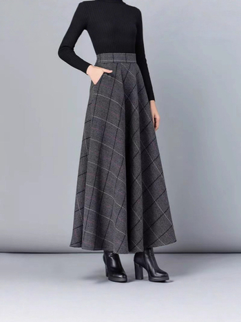 Kockasta široka suknja srednje dužine, vunena tkanina, 80-90% poliester