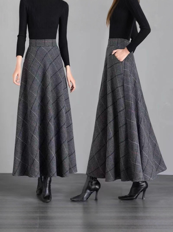 Kockasta široka suknja srednje dužine, vunena tkanina, 80-90% poliester