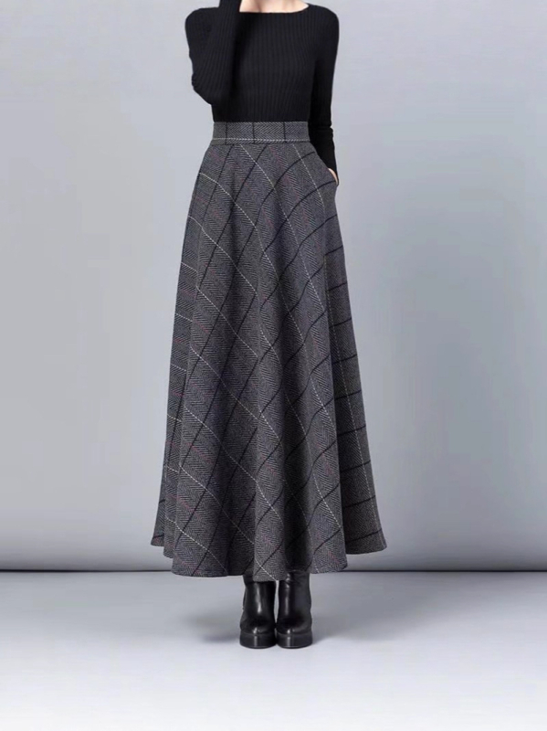 Kockasta široka suknja srednje dužine, vunena tkanina, 80-90% poliester