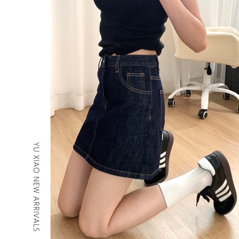 Denim suknja A-linije, kratka, pamuk-poliester smjesa, mikroelastična, ljeto 2025