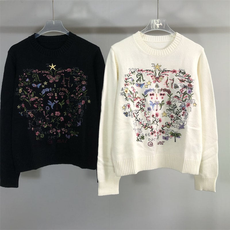 Γυναικείος μάλλινος πουλόβερ με κέντημα λουλουδιών σε σχήμα καρδιάς, στρογγυλός λαιμός, μακριά μανίκια, πλεκτό, χειμερινή συλλογή 2025