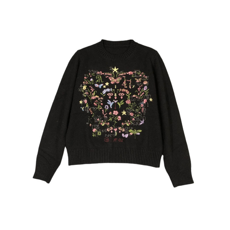 Γυναικείος μάλλινος πουλόβερ με κέντημα λουλουδιών σε σχήμα καρδιάς, στρογγυλός λαιμός, μακριά μανίκια, πλεκτό, χειμερινή συλλογή 2025