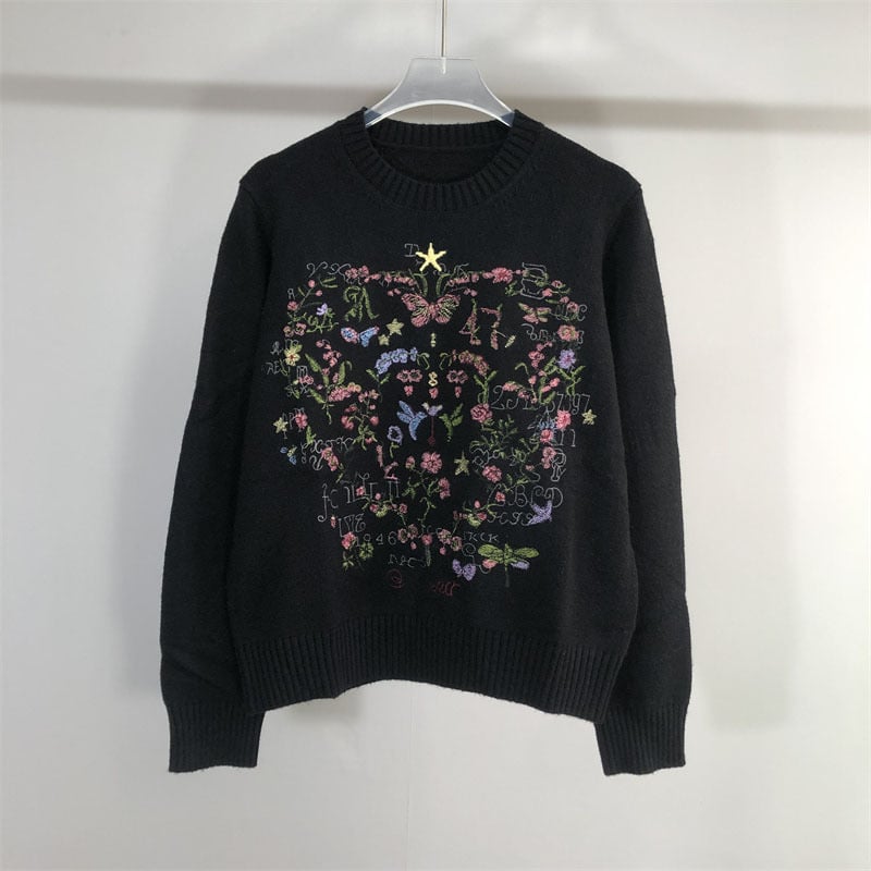Γυναικείος μάλλινος πουλόβερ με κέντημα λουλουδιών σε σχήμα καρδιάς, στρογγυλός λαιμός, μακριά μανίκια, πλεκτό, χειμερινή συλλογή 2025