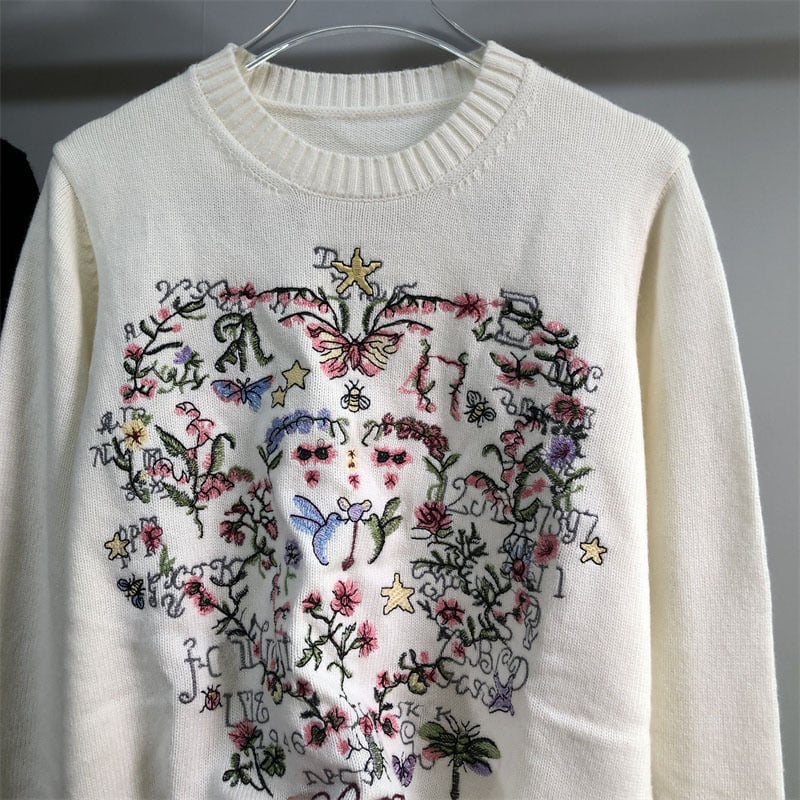 Γυναικείος μάλλινος πουλόβερ με κέντημα λουλουδιών σε σχήμα καρδιάς, στρογγυλός λαιμός, μακριά μανίκια, πλεκτό, χειμερινή συλλογή 2025
