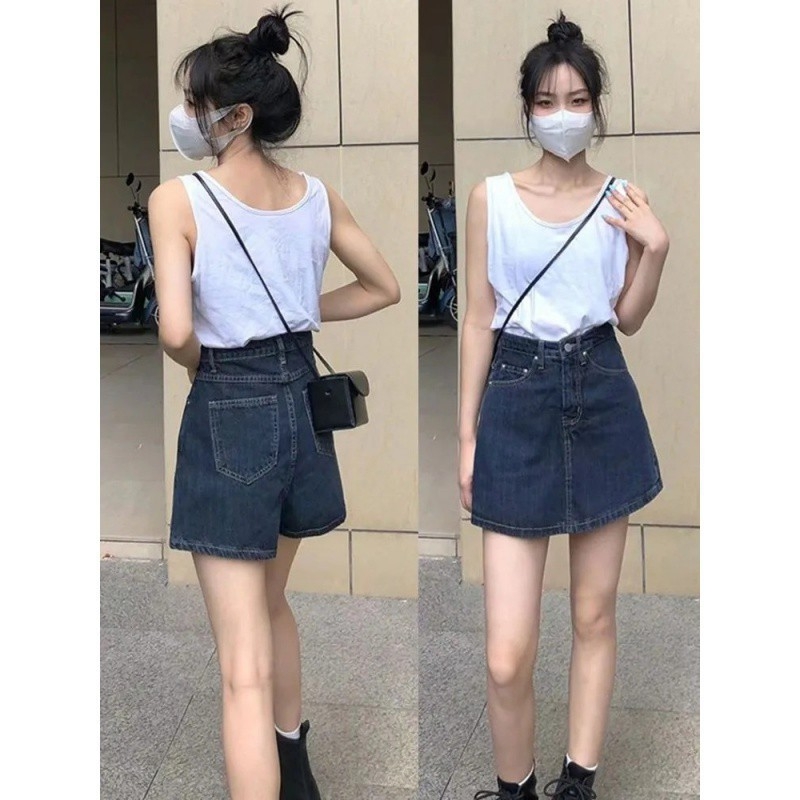 Fustă-pantalon din denim pentru femei — talie înaltă, croială A, amestec de bumbac 30-50%, vara 2025