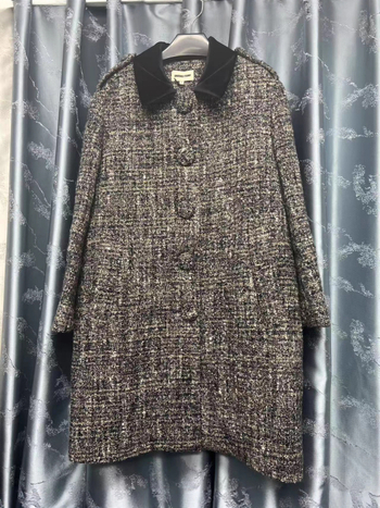 Ženski vuneni kaput s patchwork dizajnom, ovratnik s klopom, dugi kroj, jednostruko kopčanje, tkanina od vune-pamuka