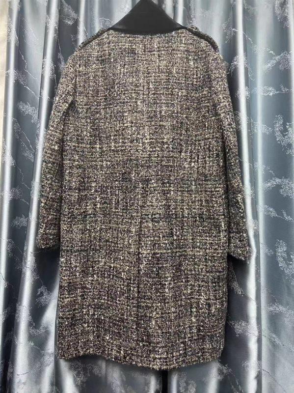 Ženski vuneni kaput s patchwork dizajnom, ovratnik s klopom, dugi kroj, jednostruko kopčanje, tkanina od vune-pamuka