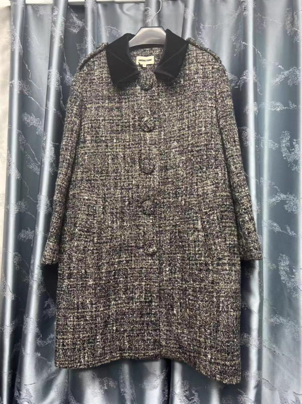 Ženski vuneni kaput s patchwork dizajnom, ovratnik s klopom, dugi kroj, jednostruko kopčanje, tkanina od vune-pamuka