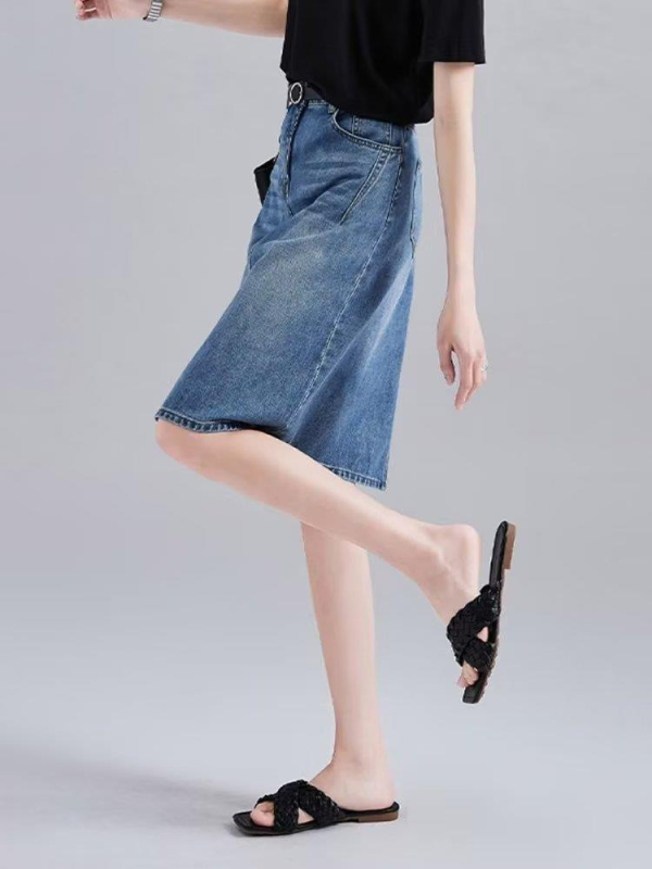 Denim midi suknja za žene s geometrijskim uzorkom, One-Step stil, pamuk-spandeks mješavina (50-70% pamuka, 30-50% spandexa), bez peglanja
