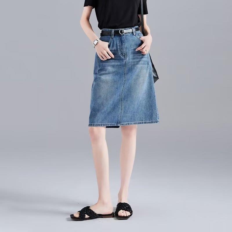 Denim midi suknja za žene s geometrijskim uzorkom, One-Step stil, pamuk-spandeks mješavina (50-70% pamuka, 30-50% spandexa), bez peglanja