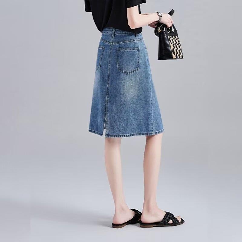 Denim midi suknja za žene s geometrijskim uzorkom, One-Step stil, pamuk-spandeks mješavina (50-70% pamuka, 30-50% spandexa), bez peglanja