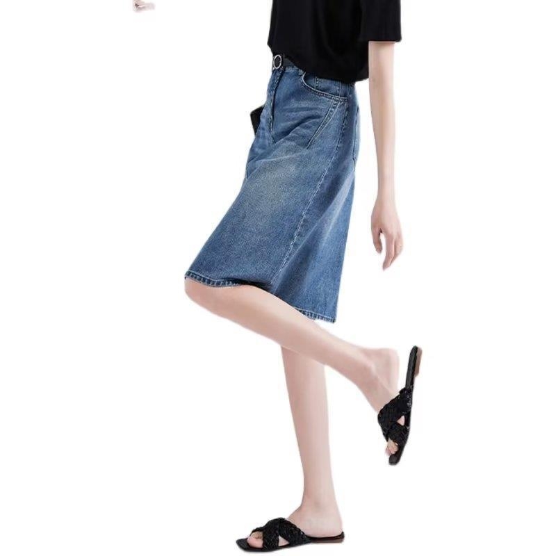 Denim midi suknja za žene s geometrijskim uzorkom, One-Step stil, pamuk-spandeks mješavina (50-70% pamuka, 30-50% spandexa), bez peglanja