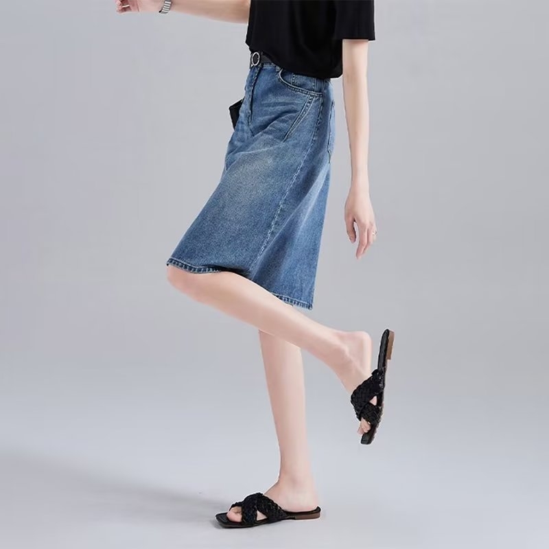 Denim midi suknja za žene s geometrijskim uzorkom, One-Step stil, pamuk-spandeks mješavina (50-70% pamuka, 30-50% spandexa), bez peglanja