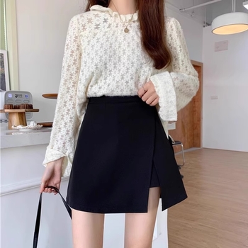 Φούστα Α-γραμμής κοντή με υψηλή μέση και σχισμή, ύφασμα πολυεστέρα, λεπτομέρεια κολλάζ/ραφή