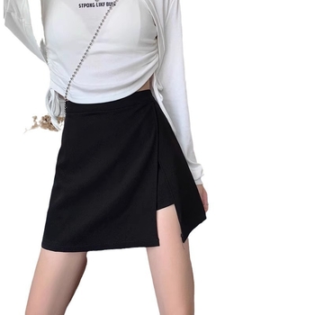 Φούστα Α-γραμμής κοντή με υψηλή μέση και σχισμή, ύφασμα πολυεστέρα, λεπτομέρεια κολλάζ/ραφή