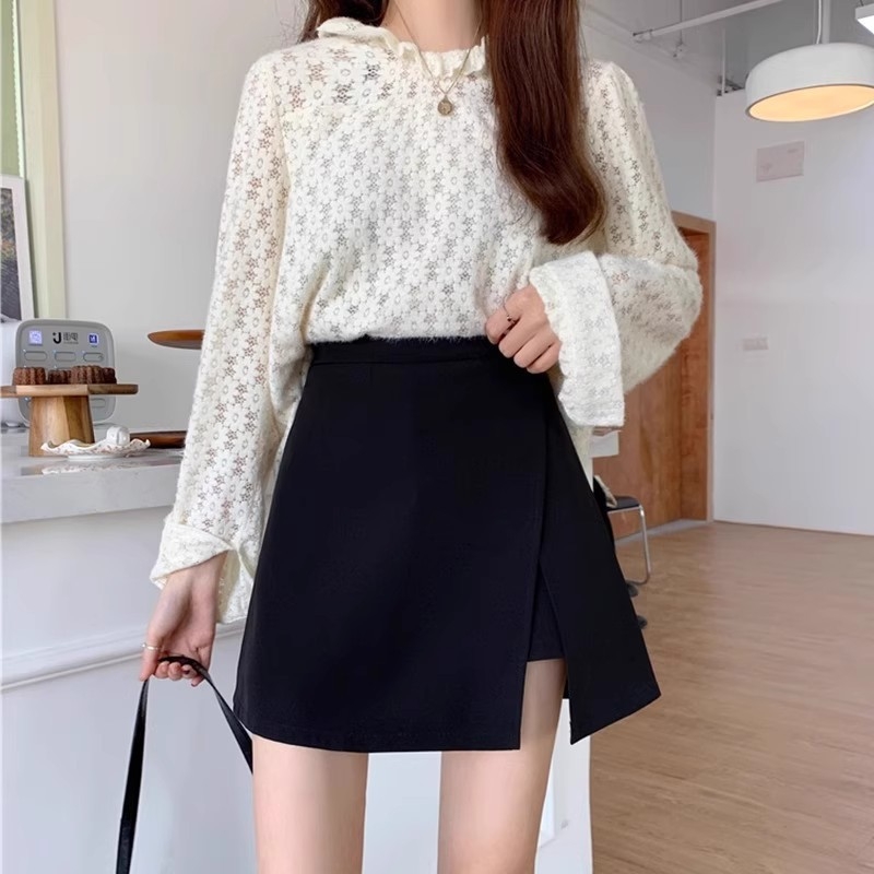 Φούστα Α-γραμμής κοντή με υψηλή μέση και σχισμή, ύφασμα πολυεστέρα, λεπτομέρεια κολλάζ/ραφή