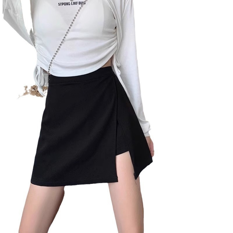 Φούστα Α-γραμμής κοντή με υψηλή μέση και σχισμή, ύφασμα πολυεστέρα, λεπτομέρεια κολλάζ/ραφή