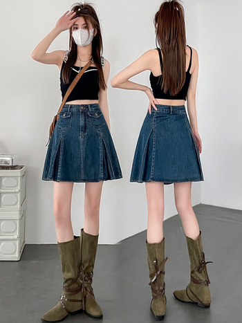 Džins plisirana A-linijska kratka suknja, visok pas, 80–90% pamuka, retro stil, ljeto 2023