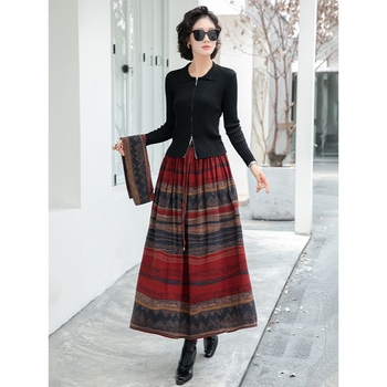 Sieviešu A līnijas svārki ar svītrainu rakstu, garie svārki, pavasaris 2025, galvenā auduma sastāvs vilna 80-90%