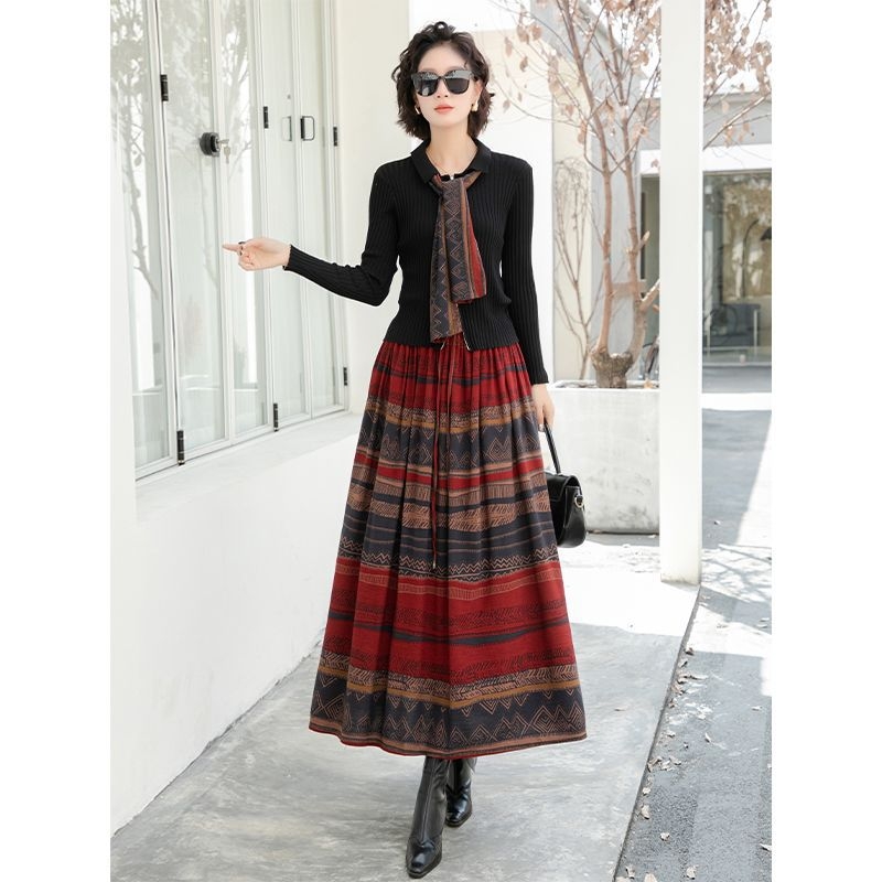 Moterų A linijos dryžuotas sijonas, ilgas, pavasaris 2025, pagrindinis audinys vilna 80-90%