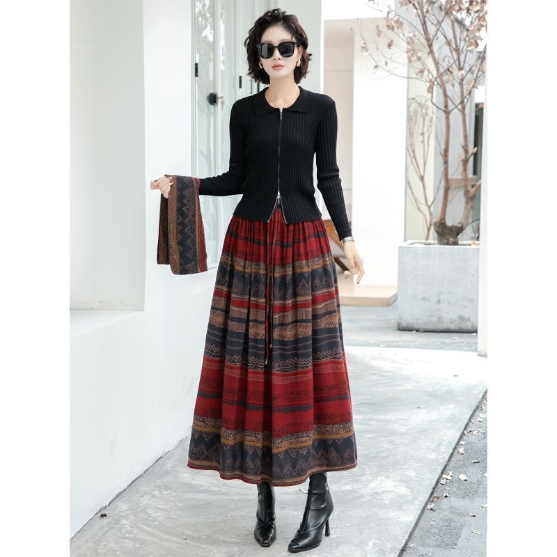 Sieviešu A līnijas svārki ar svītrainu rakstu, garie svārki, pavasaris 2025, galvenā auduma sastāvs vilna 80-90%