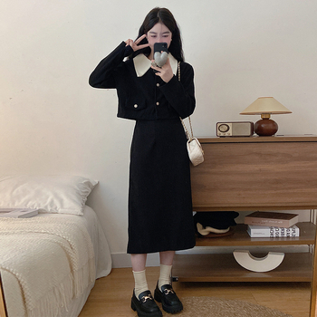 Corduroy divdaļīgs sieviešu kostīms ar garu svārku – garā svārka, 70–80% poliesteris, rudens-ziemas 2025 izdevums, augsta mangāna skābes mazgāšana, urbāns elegantais stils darbam.