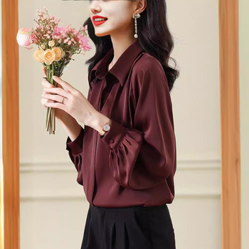 Moterų satino stiliaus marškiniai su polo apykakle, ilgos rankovės, vidutinio ilgio — chenille poliesteris, Akka Research