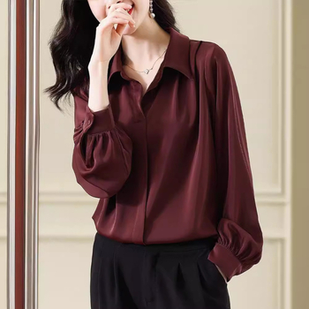 Moterų satino stiliaus marškiniai su polo apykakle, ilgos rankovės, vidutinio ilgio — chenille poliesteris, Akka Research