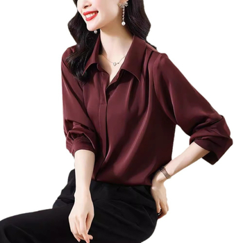 Moterų satino stiliaus marškiniai su polo apykakle, ilgos rankovės, vidutinio ilgio — chenille poliesteris, Akka Research