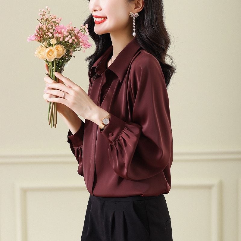 Moterų satino stiliaus marškiniai su polo apykakle, ilgos rankovės, vidutinio ilgio — chenille poliesteris, Akka Research